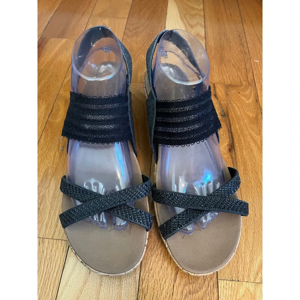 Skechers Beverlee‎ Luxe Foam Wedge Sandals Denim Black Sz 10 Cork Look Heel